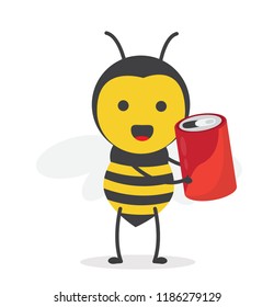vector illustration character cartoon design cute honey yellow bee mascot holding red can soft drink in white background