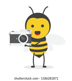 vector illustration character cartoon design cute honey yellow bee mascot holding camera mirrorless in white background