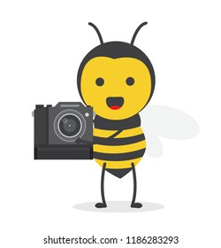 vector illustration character cartoon design cute honey yellow bee mascot holding camera slr or dslr in white background