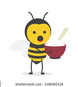 vector illustration character cartoon design cute honey yellow bee mascot holding rice bowl in white background