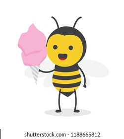 vector illustration character cartoon design cute honey yellow bee mascot holding sweet cotton candy in white background