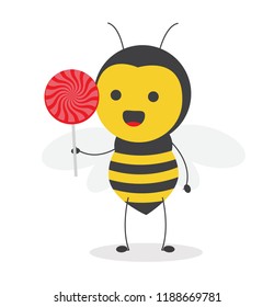 vector illustration character cartoon design cute honey yellow bee mascot holding sweet red lollipop candy for eat in white background