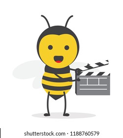 vector illustration character cartoon design cute honey yellow bee mascot holding clapper board film in white background