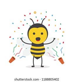 vector illustration character cartoon design cute honey yellow bee mascot smiling in colored confetti in white background