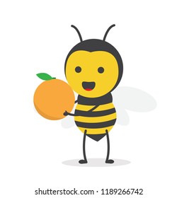 vector illustration character cartoon design cute honey yellow bee mascot holding orange fruit delicious with in white background