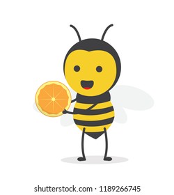 vector illustration character cartoon design cute honey yellow bee mascot holding orange fruit delicious with in white background