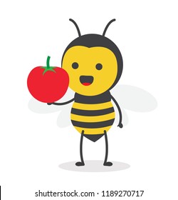 vector illustration character cartoon design cute honey yellow bee mascot holding red tomato fruit delicious with in white background