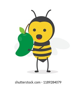 vector illustration character cartoon design cute honey yellow bee mascot holding green mango fruit delicious with in white background