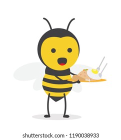 vector illustration character cartoon design cute honey yellow bee mascot holding delicious fried rice in white background