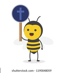 vector illustration character cartoon design cute honey yellow bee mascot holding sign symbol pictogram of christian religion cross icon in white background