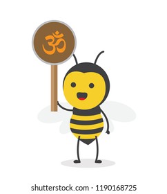 vector illustration character cartoon design cute honey yellow bee mascot holding sign symbol pictogram of hindu religion icon in white background