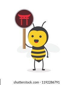 vector illustration character cartoon design cute honey yellow bee mascot holding sign symbol pictogram of shinto religion japanese torii gate temple icon in white background