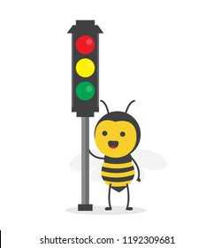 vector illustration character cartoon design cute honey yellow bee mascot holding traffic light in white background