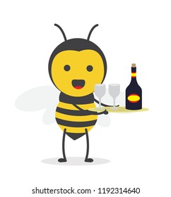 vector illustration character cartoon design cute honey yellow bee mascot holding wine bottle and glass in white background