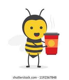 vector illustration character cartoon design cute honey yellow bee mascot holding hot coffee cup in white background