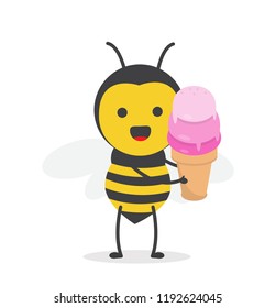vector illustration character cartoon design cute honey yellow bee mascot holding delicious sweet pink ice cream cone with in white background