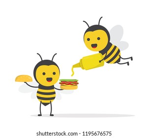 vector illustration character cartoon design cute honey yellow bee mascot holding yellow mustard bottle and burger delicious with in white background