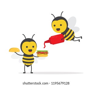 vector illustration character cartoon design cute honey yellow bee mascot holding red hot sauce bottle and burger delicious with in white background