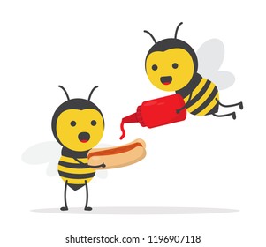 vector illustration character cartoon design cute honey yellow bee mascot holding red hot sauce bottle and delicious hotdog fast food with in white background