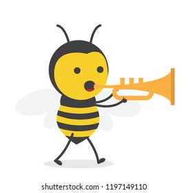 vector illustration character cartoon design cute honey yellow bee mascot holding play trumpet music with in white background