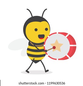 vector illustration character cartoon design cute honey yellow bee mascot holding play drum music with in white background