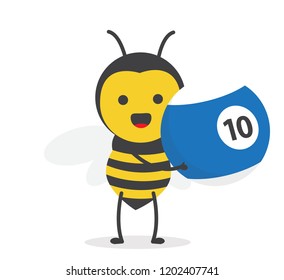 vector illustration character cartoon design cute honey yellow bee mascot holding billiard ball number 10 blue in white background