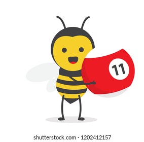 vector illustration character cartoon design cute honey yellow bee mascot holding billiard ball number 11 red in white background