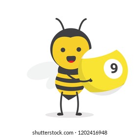 vector illustration character cartoon design cute honey yellow bee mascot holding billiard ball number 9 yellow in white background