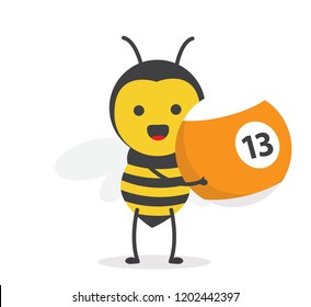 vector illustration character cartoon design cute honey yellow bee mascot holding billiard ball number 13 orange in white background