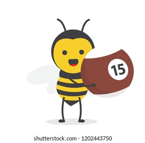 vector illustration character cartoon design cute honey yellow bee mascot holding billiard ball number 15 brown in white background