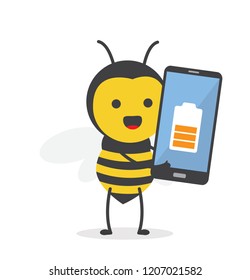 vector illustration character cartoon design cute honey yellow bee mascot holding battery smartphone infographic charging orange in white background