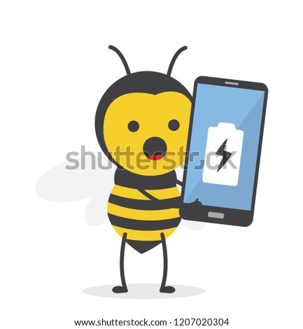 vector illustration character cartoon design cute honey yellow bee mascot holding battery smartphone infographic charging in white background