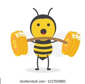 vector illustration character cartoon flat design cute honey yellow bee mascot lifting barbell coin gold show strenght in white background