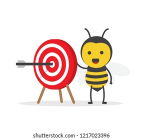 vector illustration character cartoon flat design cute honey yellow bee mascot standing with red target success arrow in white background