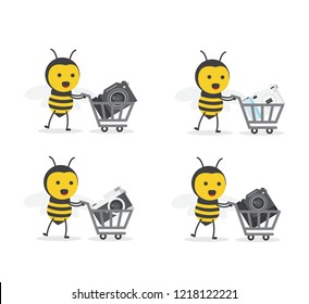 vector illustration character cartoon flat design cute honey yellow bee mascot holding slr, dslr, mirrorless, compact camera in trolley market shopping cart in white background