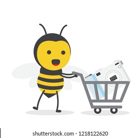 vector illustration character cartoon flat design cute honey yellow bee mascot holding compact pocket camera in trolley market shopping cart in white background