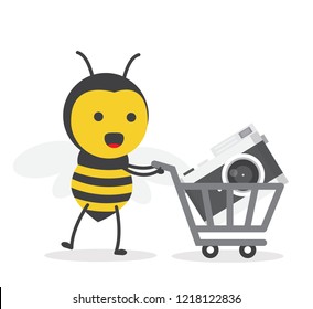 vector illustration character cartoon flat design cute honey yellow bee mascot holding mirrorless in trolley market shopping cart in white background