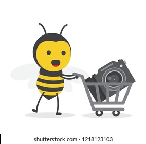 vector illustration character cartoon flat design cute honey yellow bee mascot holding slr or dslr in trolley market shopping cart in white background