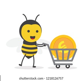 vector illustration character cartoon flat design cute honey yellow bee mascot holding euro golden coin money trolley market shopping cart in white background
