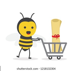 vector illustration character cartoon flat design cute honey yellow bee mascot holding roll of paper trolley market shopping cart in white background