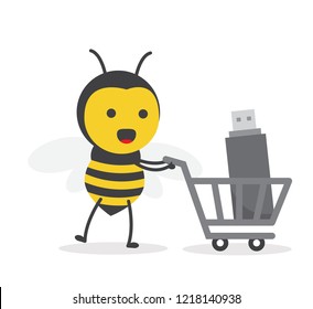 vector illustration character cartoon flat design cute honey yellow bee mascot holding flashdisk in trolley market shopping cart in white background