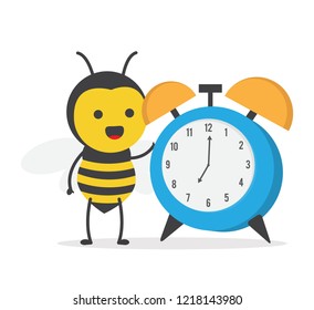 vector illustration character cartoon flat design cute honey yellow bee mascot holding alarm clock in white background