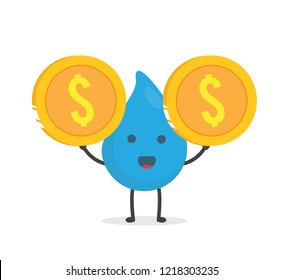 vector illustration character cartoon flat design brand of cute water drop blue mascot holding golden dollar coin money in white background