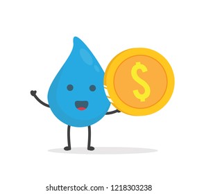vector illustration character cartoon flat design brand of cute water drop blue mascot holding golden dollar coin money in white background
