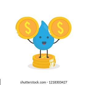 vector illustration character cartoon flat design brand of cute water drop blue mascot stand and holding golden dollar coin money in white background
