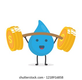 vector illustration character cartoon flat design brand of cute water drop blue mascot holding barbell gold money coin in white background