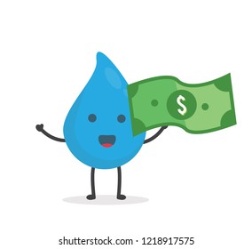vector illustration character cartoon flat design brand of cute water drop blue mascot holding dollar green money in white background