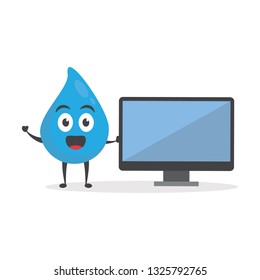 vector illustration character cartoon flat design brand of cute water blue mascot holding mobile smartphone, monitor, laptop or notebook, tablet phone in white background