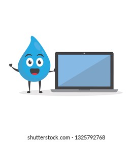 vector illustration character cartoon flat design brand of cute water blue mascot holding mobile smartphone, monitor, laptop or notebook, tablet phone in white background