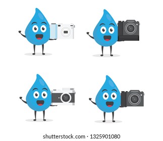 vector illustration character cartoon flat design brand of cute water blue mascot holding camera in white background